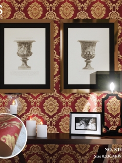 วอลเปเปอร์ ลายหลุยส์สีน้ำตาลทอง พื้นสีแดง No.STL-J30