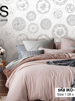 วอลเปเปอร์ลายชาม แต่งผนัง วินเทจ พื้นขาว ชามเทาIKO-M60W