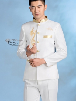 ST087 **พรีออเดอร์**สูทจีนผู้ชายสีขาวคอสีทอง แขนยาวปักลายมังกรสีทอง ติดกระดุมสีทอง พร้อมกางเกงสีขาวขาสอบ ชุดสูทเจ้าบ่าว สูทแฟนซี ถ่ายพรีเวดดิ้ง & ชุดแต่งงานแฟนซี (Fancy wedding dress) สูทผู้ชายสีขาว