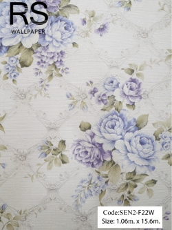 วอลเปเปอร์ลายดอกไม้พื้นเป็นตารางดอกไม้สานกันโทนสีขาวฟ้า SEN2-F22W