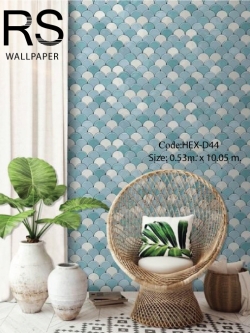 วอลเปเปอร์ลายแผ่นกระเบื้องเกร็ดปลาโทนสีฟ้าและขาว HEX-D44