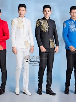 ST090 **พรีออเดอร์**สูทจีนผู้ชายสีขาว สีน้ำเงิน สีแดง สีดำ แขนยาวลายปักสีทองและสีเงิน ติดกระดุม พร้อมกางเกงสีดำขาสอบ ชุดสูทเจ้าบ่าว สูทแฟนซี ถ่ายพรีเวดดิ้ง & ชุดแต่งงานแฟนซี (Fancy wedding dress) สูทผู้ชายสีขาว สีน้ำเงิน สีแดง สีดำ
