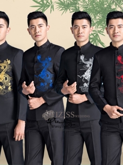 ST081 **พรีออเดอร์**สูทจีนผู้ชายสีดำแขนยาวปักลายมังกรสีทอง สีแดง สีน้ำเงิน สีเงิน ติดกระดุมสีทอง พร้อมกางเกงสีดำขาสอบ ชุดสูทเจ้าบ่าว สูทแฟนซี ถ่ายพรีเวดดิ้ง & ชุดแต่งงานแฟนซี (Fancy wedding dress) สูทผู้ชายสีดำ