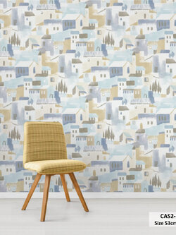 วอลเปเปอร์ภาพวาด ลายบ้านเมืองอาคาร โทนสีฟ้า CAS2-D10