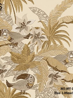 วอลเปเปอร์ เท็กเจอร์ผ้าไหมปักลาย ใบไม้นก ลายปักน้ำตาลทอง พื้นครีม WT-D13W