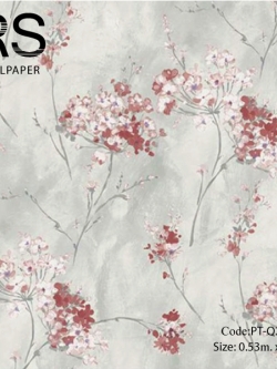 วอลเปเปอร์ลายดอกไม้สีแดงวาดด้วยสีน้ำมันพื้นสีเขียวอ่อนแกมทอง PT-Q21