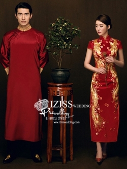 PW620 **พรีออเดอร์ค่ะ**ชุดแฟนซีกี่เพ้าประยุกต์ ชุดคู่ถ่ายพรีเวดดิ้ง (prewedding dress) & ชุดแต่งงานแฟนซี (Fancy wedding dress)ชายหญิง "ธีมสีแดง"