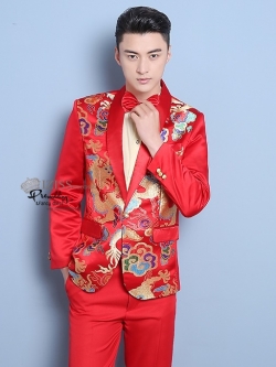 ST097 **พร้อมส่งสีน้ำเงินมังกร สีแดง เหลืองแบบหลากสีค่ะ**สูทจีนผู้ชายสีแดงแขนยาว ลายมังกรสีทอง ติดกระดุม พร้อมกางเกงสีแดงขาสอบ ชุดสูทเจ้าบ่าว สูทแฟนซี ถ่ายพรีเวดดิ้ง & ชุดแต่งงานแฟนซี (Fancy wedding dress) สูทผู้ชายสีแดง