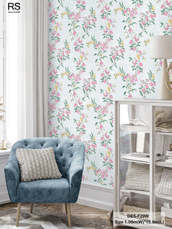 วอลเปเปอร์ลายดอกไม้สีชมพู พื้นสีฟ้าอ่อน DES-F29W
