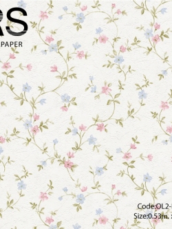 วอลเปเปอร์ลายดอกไม้เล็กสีชมพูกับฟ้าก้านสีเขียวแก่พื้นสีขาว OL2-B59