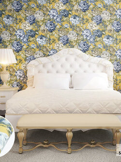 วอลเปเปอร์ลายดอกไม้โทนน้ำเงิน พื้นสีเหลือง แท็กเจอร์หลุยส์ มีกลิเตอร์สีทองFSK-J03