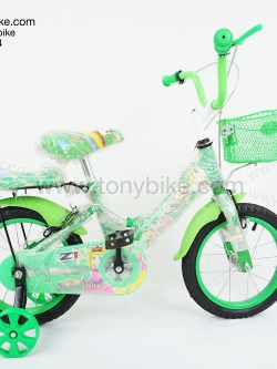 จักรยานเด็ก ล้อ 14 นิ้ว แฮนด์สูง เบาะหลัง มีล้อพ่วงข้าง สีเขียว
