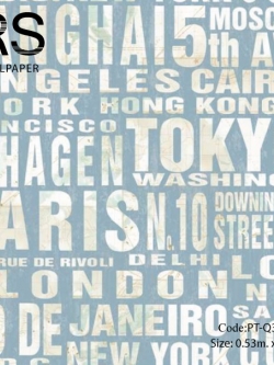 วอลเปเปอร์ลายตัวหนังสือสีครีมมีแผนที่ด้วยพื้นสีฟ้าน้ำทะเล PT-Q35