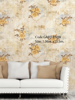 วอลเปเปอร์สไตล์วินเทจลายกรอบมีดอกกุหลาบสีเหลืองทองพื้นขาวอมทอง GAR3-B50W