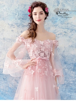 DL070 - **พรีออเดอร์** ชุดราตรี เดรสยาวออกงาน (Night party dresses) ชุดไปงานแต่งงานสวยๆ "ธีมสีชมพูแต่งดอก 3D"