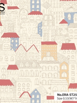 วอลเปเปอร์ ลายบ้านน่ารักๆ โทนสีครีม-แดง-เหลืองฟ้า No.ERA-ST25