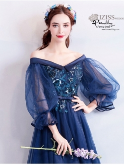 DL071 - **พรีออเดอร์** ชุดราตรี เดรสยาวออกงาน (Night party dresses) ชุดไปงานแต่งงานสวยๆ "ธีมสีกรมแต่งดอก 3D"