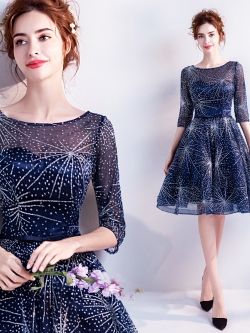 DS044 - **พร้อมส่ง** ชุดสีน้ำเงินกรมท่าประดับกากเพชร ชุดราตรี เดรสสั้นออกงาน (short dresses) ชุดไปงานแต่งงานสวยๆ