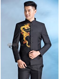 ST078 **พรีออเดอร์**สูทจีนผู้ชายสีดำแขนยาวติดลายมังกรสีทอง ติดกระดุมสีดำ พร้อมกางเกงสีดำขาสอบ ชุดสูทเจ้าบ่าว สูทแฟนซี ถ่ายพรีเวดดิ้ง & ชุดแต่งงานแฟนซี (Fancy wedding dress) สูทผู้ชายสีดำ