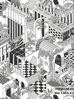 วอลเปเปอร์ลายใบไม้-ตึกอาคาร สีขาวดำ PREMIUM-D54W