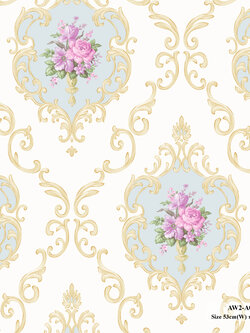 วอลเปเปอร์ลายดอกไม้วินเทจชมพู พื้นสีฟ้าและขาว AW2-A06