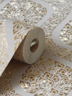 วอลเปเปอร์ลายพุ่มข้าวบิณฑ์สีทองพื้นสีขาวอมชมพู LTH-M12