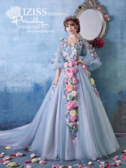 PW347-**พรีออเดอร์มี 2 สีขาว+ฟ้าอมเทาแบบแขนพอง**ชุดคู่ถ่ายพรีเวดดิ้ง (prewedding dress) & ชุดแต่งงานแฟนซี (Fancy wedding dress)ชายหญิง "ธีมสีเทาอมฟ้า"