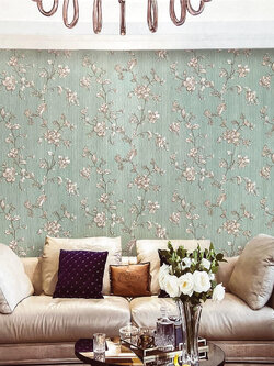 วอลเปเปอร์ลายดอกไม้ใบไม้พื้นสีฟ้าอมเขียวอ่อน ELG3-Q16