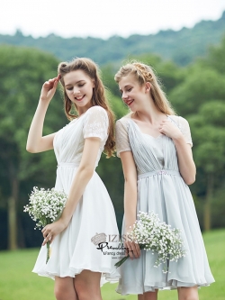 ฺBM0119 - พรีออเดอร์ ชุดเพื่อนเจ้าสาวราตรีสั้นธีมสีขาวและสีเทา น่ารักมากๆค่ะ