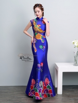 PW614- **พรีออเดอร์**ชุดกี่เพ้ายาว ชุดยกน้ำชา ชุดถ่ายพรีเวดดิ้ง (prewedding dress) & ชุดแต่งงานแฟนซี (Fancy wedding dress) "ธีมสีน้ำเงิน"