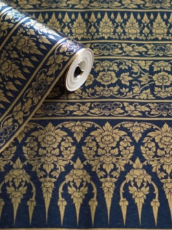 วอลเปเปอร์กรวยเชิงดอกพุดตานสีทองพื้นสีน้ำเงิน LTH-M47