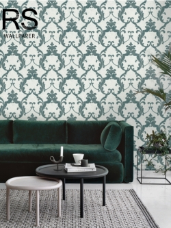 วอลเปเปอร์ลายหลุยส์สีเขียวเข้มอมน้ำเงินพื้นสีขาวเงิน FCO-D01