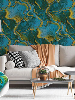 วอลเปเปอร์ลายหินอ่อน สีฟ้า ปนเหลืองทอง FSK-J58