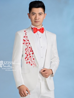 ST067 **พรีออเดอร์**สูทจีนผู้ชายสีขาวแขนยาวลายดอกไม้สีแดง ติดกระดุมสีขาว พร้อมกางเกงสีขาวขาสอบ ชุดสูทเจ้าบ่าว สูทแฟนซี ถ่ายพรีเวดดิ้ง & ชุดแต่งงานแฟนซี (Fancy wedding dress) สูทผู้ชายสีขาว