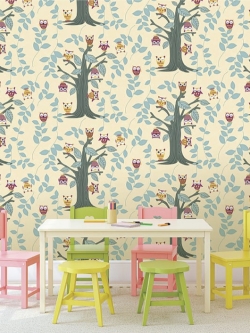 วอลเปเปอร์ ลายการ์ตูนน่ารักนกฮูก พื้นสีครีม No.PLH-D14