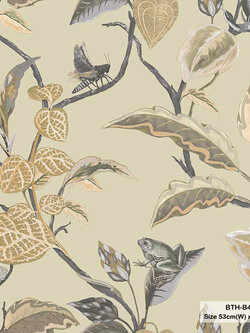วอลเปเปอร์ลายใบไม้สไตล์ทรอปิคอล สีพื้นเขียวอ่อนอมเทา BTH-B48