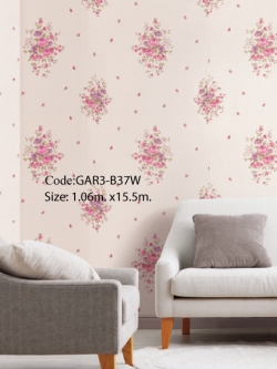วอลเปเปอร์ลายพุ่มดอกไม้ดอกชมพูฟ้าใบเขียวพื้นสีขาวอมทอง GAR3-B37W