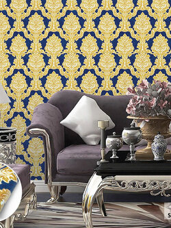 วอลเปเปอร์ลายหลุยส์ พื้นสีน้ำเงิน ลายสีทองFSK-J74