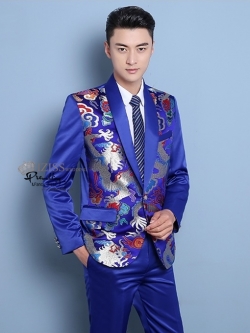 ST098 **พร้อมส่งสีน้ำเงินมังกร สีแดง เหลืองแบบหลากสีค่ะ**สูทจีนผู้ชายสีน้ำเงินแขนยาว ลายมังกรสีเงิน ติดกระดุม พร้อมกางเกงสีน้ำเงินขาสอบ ชุดสูทเจ้าบ่าว สูทแฟนซี ถ่ายพรีเวดดิ้ง & ชุดแต่งงานแฟนซี (Fancy wedding dress) สูทผู้ชายสีน้ำเงิน