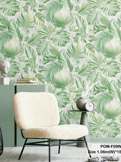 วอลเปเปอร์ลายใบไม้ทรอปิคอล สีเขียวพื้นสีเทาอ่อน POM-F09W
