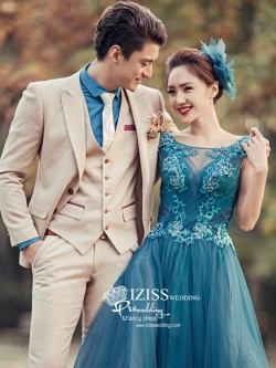 PW467- **พรีออเดอร์**ชุดแต่งงานแฟนซี ชุดเดรสสีฟ้าอมเขียว ชุดยกน้ำชา ชุดถ่ายพรีเวดดิ้ง (prewedding dress) & ชุดแต่งงานแฟนซี (Fancy wedding dress) "ธีมสีฟ้าอมเขียว น้ำตาล"