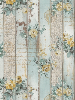 วอลเปเปอร์ลายดอกไม้บนไม้เก่าสีฟ้าสไตล์วินเทจโดยรวมออกโทนสีฟ้าเหลือง GAR3-B56W
