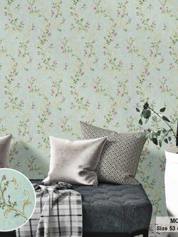วอลเปเปอร์ ลายดอกไม้วินเทจสีชมพู พื้นสีเขียวอ่อน MOD-J08
