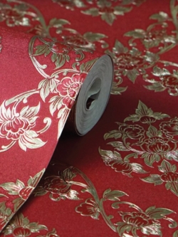 วอลเปเปอร์ลายดอกพุดตานสีทองพื้นสีแดง LTH-M19