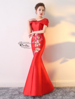 PW609- **พร้อมส่งสีแดง**ชุดกี่เพ้ายาว ชุดยกน้ำชา ชุดถ่ายพรีเวดดิ้ง (prewedding dress) & ชุดแต่งงานแฟนซี (Fancy wedding dress) "ธีมสีแดง"