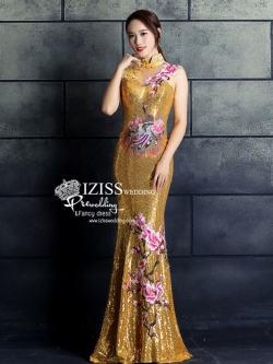 PW521- **พรีออเดอร์สีทอง**ชุดเลื่อมกี่เพ้ายาว ชุดยกน้ำชา ชุดถ่ายพรีเวดดิ้ง (prewedding dress) & ชุดแต่งงานแฟนซี (Fancy wedding dress) "ธีมสีเหลืองทอง"