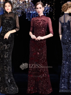 T025 **พรีออเดอร์เดรสชุดเลื่อมสีแดง สีน้ำเงิน สีดำ**ชุดราตรียาวเลื่อมทั้งชุด คอจีน แขนสั้น เล่นดีเทลซีทรูช่วงอกและแขน แต่งเลื่อมไม้ลายดอกไม้ เข้ารูปช่วงเอว กระโปรงทรงปล่อย สวยงามหรูหราไฮโซมากๆ ค่ะ