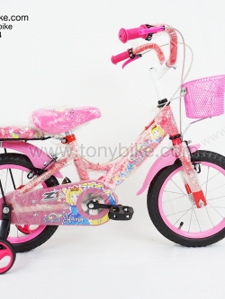 จักรยานเด็ก ล้อ 14 นิ้ว แฮนด์สูง เบาะหลัง มีล้อพ่วงข้าง สีชมพู