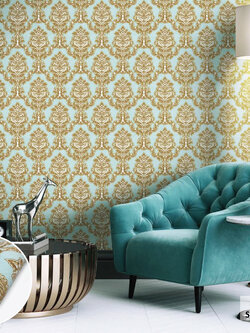 วอลเปเปอร์ลายหลุยส์ พื้นสีฟ้า ลายสีทองFSK-J72