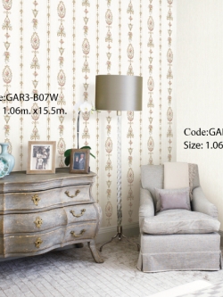 วอลเปเปอร์ลายทางดอกไม้สไตล์หลุยส์วินเทจพื้นสีขาว ดอกไม้โทนสีชมพู GAR3-B07W